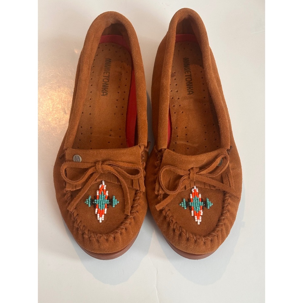 Minnetonka Brown Suede Moccasins with Turquoise & Red Beadwork